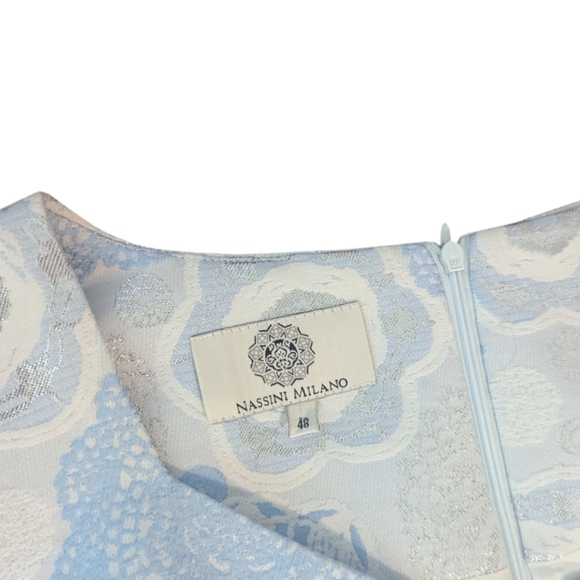 Nassini Milano Cap Sleeve V Neck Elegant Blue/ White/Silver Floral Sheath Dress - Picture 2 of 10